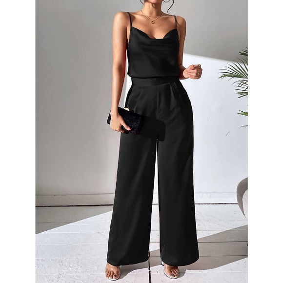 2 piece set: Draped Collar Cami Top Wide Leg Pants maroon red - Picture 3 of 11